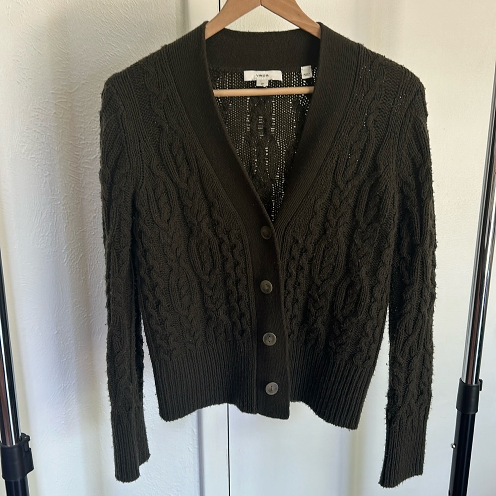 Dark olive green cropped Vince cardigan. Woven details.